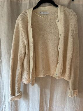 Mango Cream Textured Knit Button Cardigan